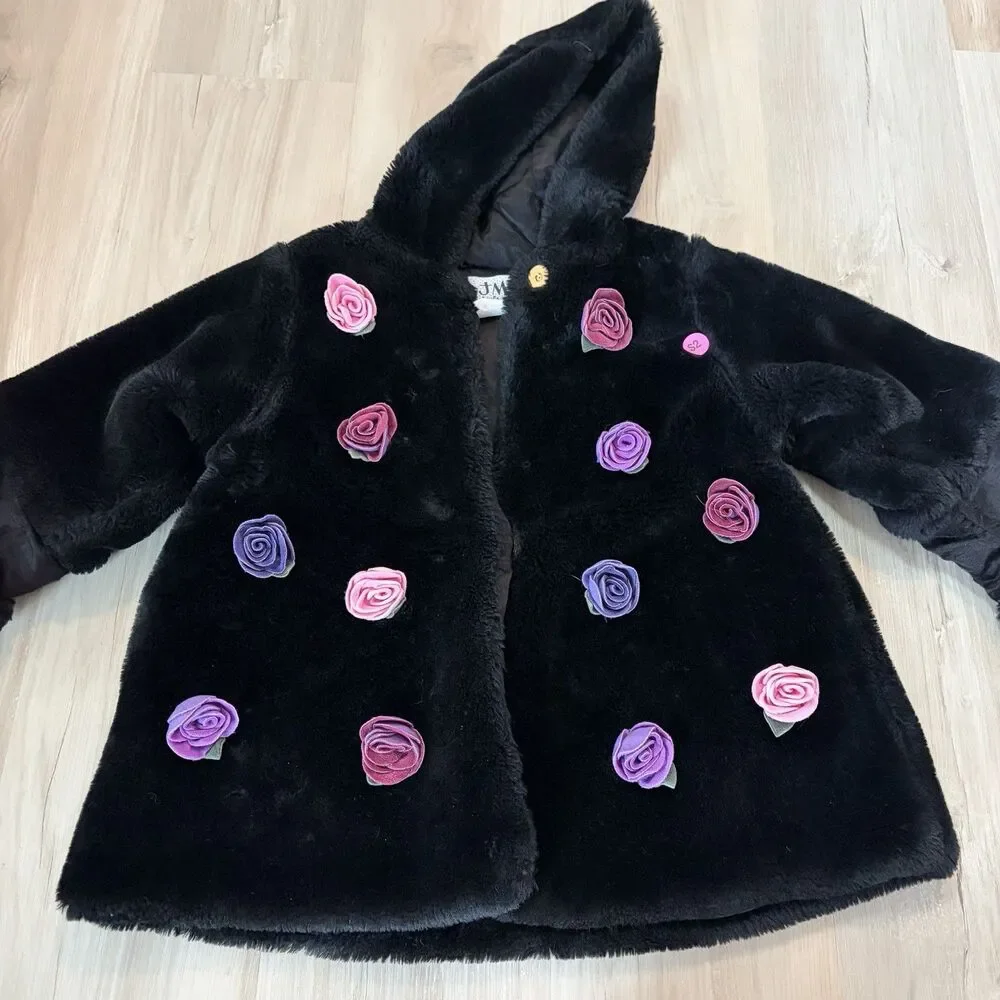 JM Originals Kids Black Floral Jacket with Magnetic Buttons Pockets Fuzzy Soft
